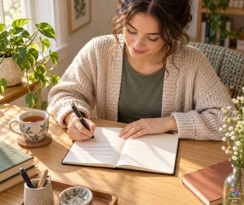 How to do the 369 method: a young woman writing her manifestation sentence in a small notebook in morning light