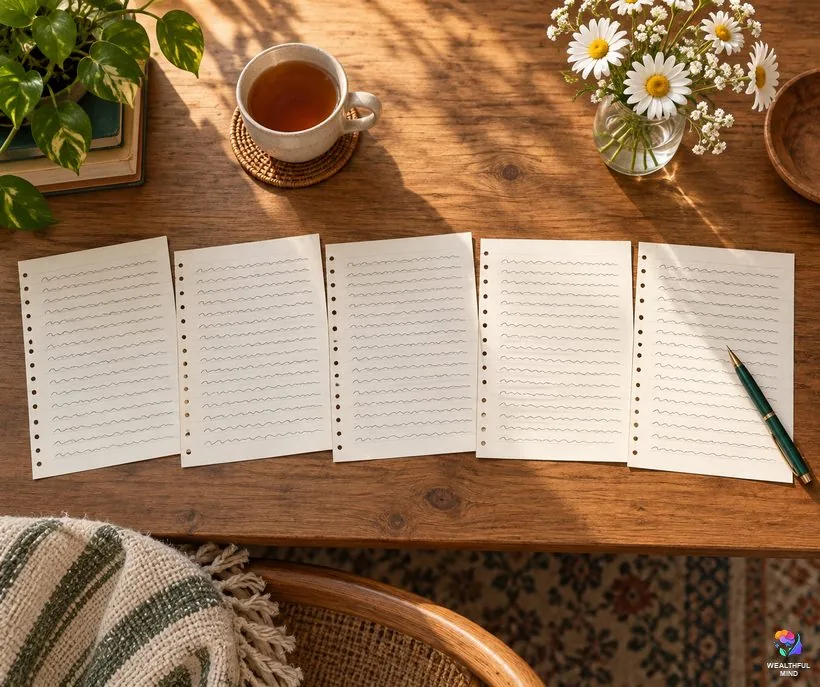 How to do the 55x5 method: five handwritten notebook pages, one for each day, laid out side by side