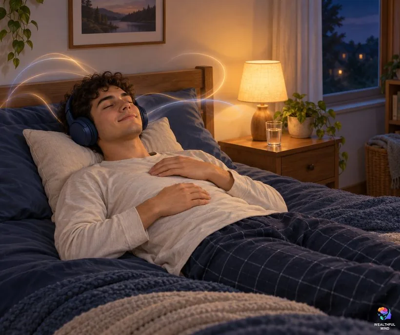 How to do the Estelle method: a young man lying in bed with headphones on, eyes closed, listening to his song