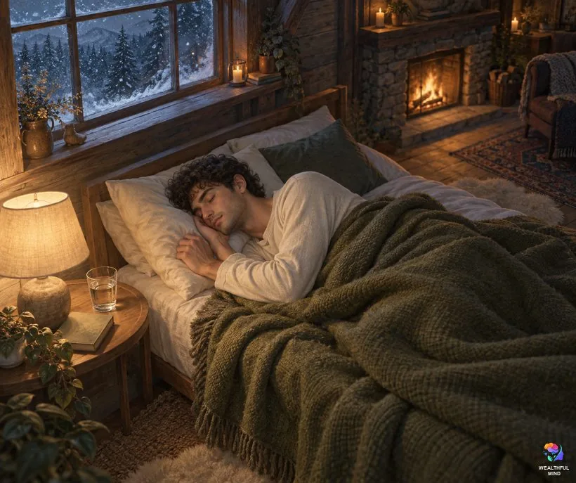 How to do the Sunni method step by step: a young man lying on his side as a snowy cabin forms around his bed