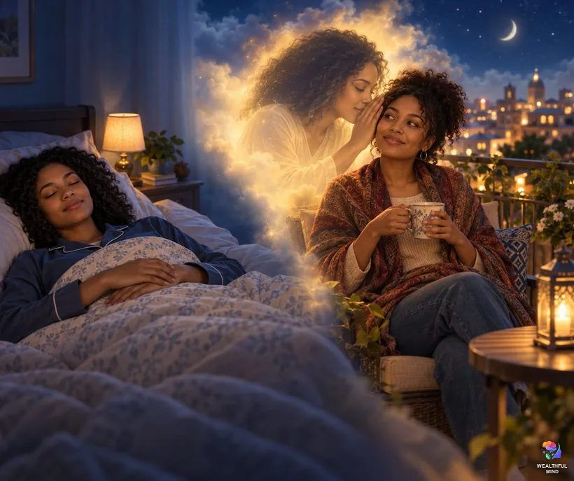 How to do the whisper method: a young woman in bed imagines whispering her wish into a friend's ear on a city balcony