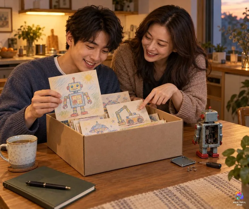 How to find your innate abilities: a young man and his sister looking through his childhood drawings and an old toy robot