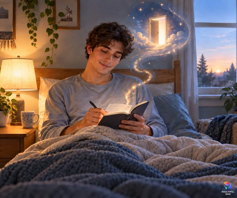 How to get lucid for shifting: a young man writing down his dream in a dream journal at dawn