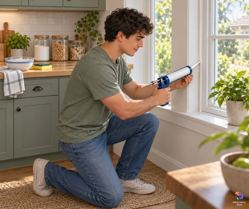 How to get rid of ants gently: a young man sealing a gap by a kitchen window, sealed food jars behind him