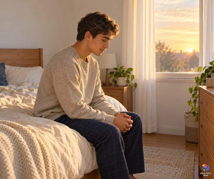 How to know if a dream is from God: a young man praying quietly on the edge of his bed at sunrise