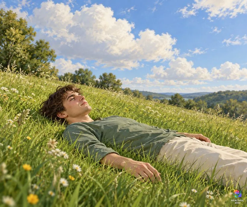 How to let go of shifting: a young man lying relaxed in the grass, watching clouds drift by