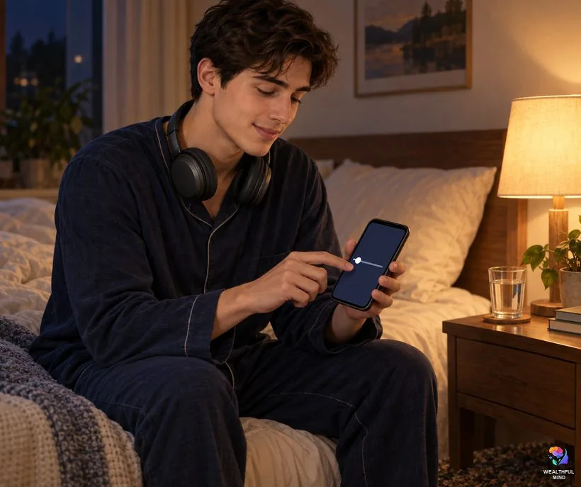 How to listen to subliminals safely: a young man turning down the volume on his phone before bed