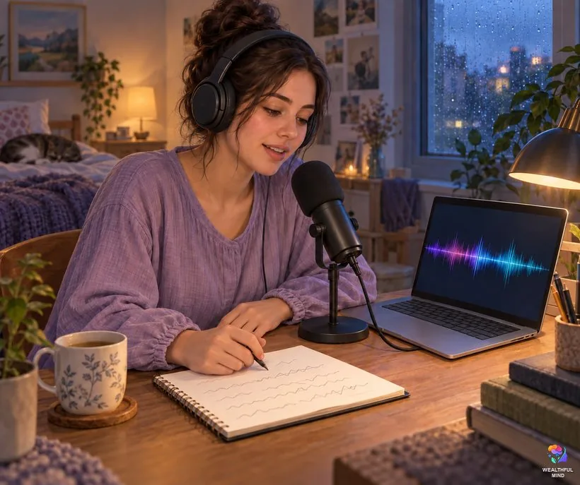 How to make your own shifting subliminal: a young woman recording her affirmations into a microphone at her desk