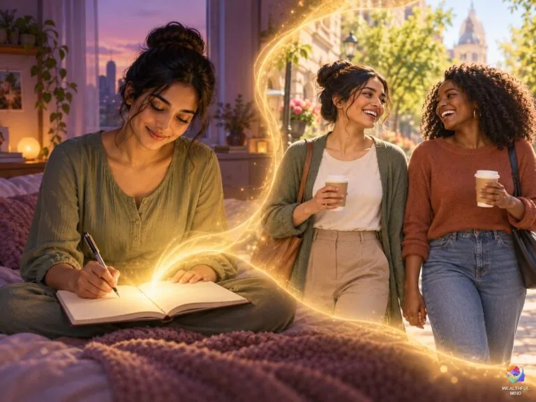 How to manifest a best friend: a young woman writing in her journal as a glow opens onto her laughing with a new friend