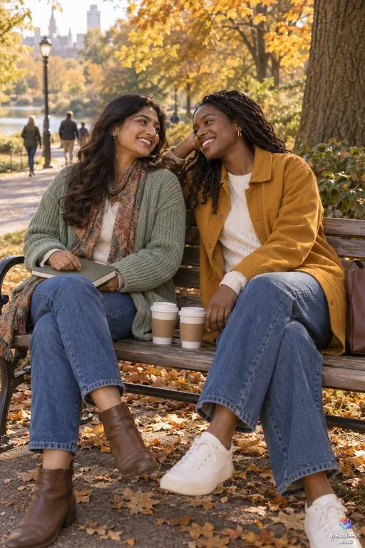 How to manifest a best friend: two young women laughing together on a park bench with tea