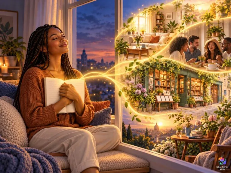 How to manifest: a young woman holding her manifestation notebook as golden light opens onto the life she wants