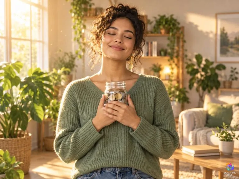 How to manifest money: a young woman holding a jar of coins in warm golden light