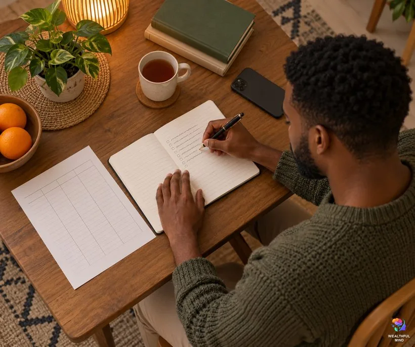 How to manifest money in steps: a young man writing his money goal and plan in a notebook at the kitchen table