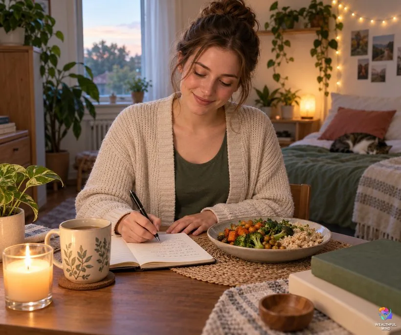 How to manifest money when you are broke: a young woman writing a gratitude list over a simple meal