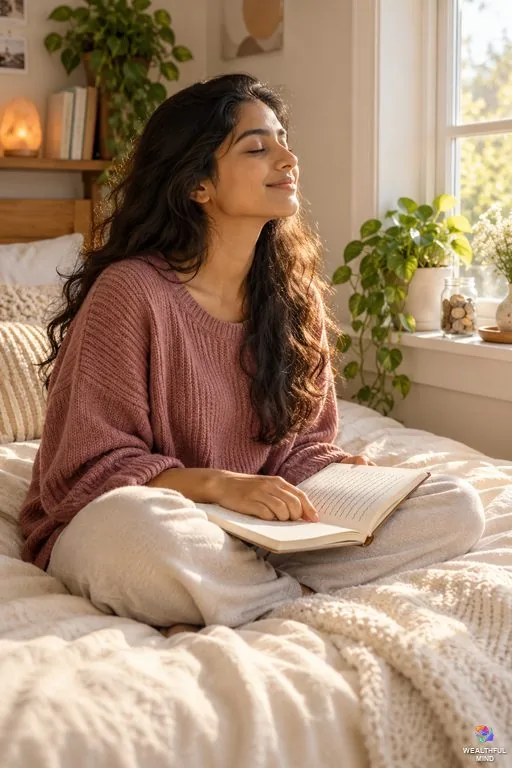 How to manifest money: a young woman with her manifestation journal and a jar of coins in morning light