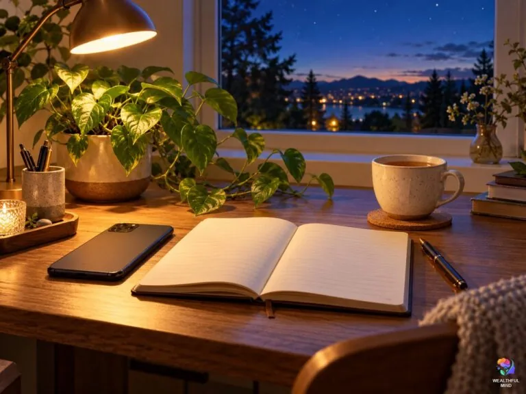 How to manifest someone to text you: a phone face down beside an open notebook and tea on a cosy evening desk