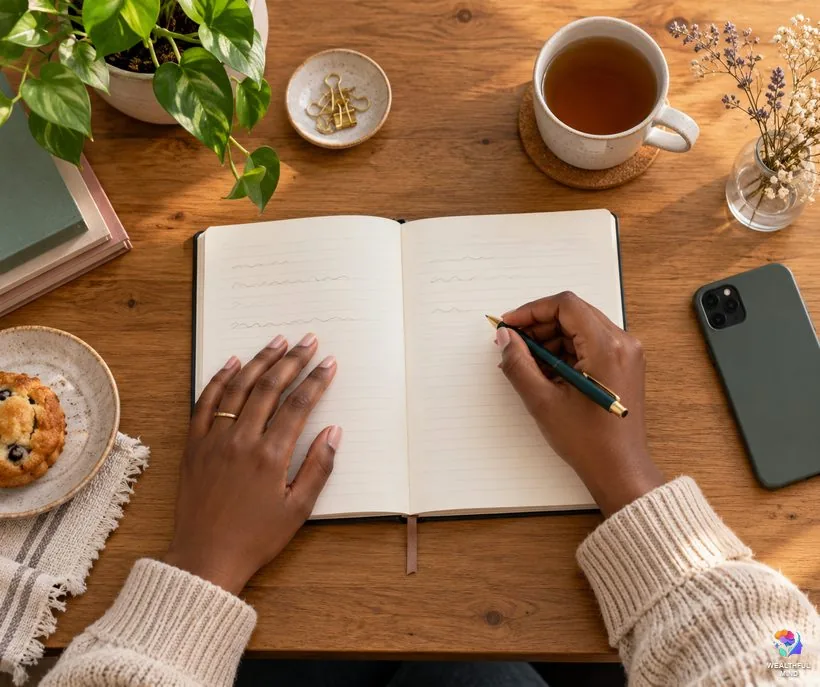 How to manifest in five steps: hands resting on a notebook beside a cup of tea, ready to write a wish