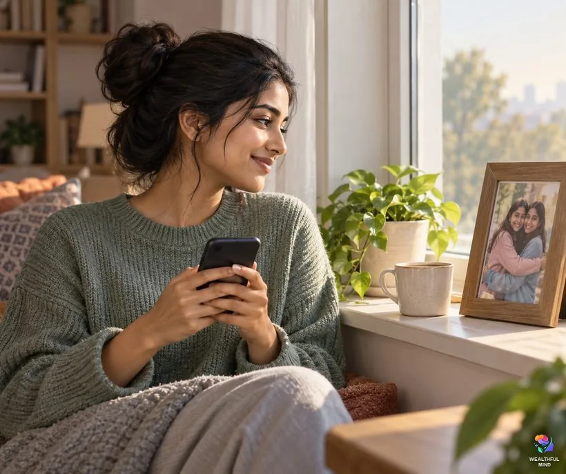 How to manifest your best friend back: a young woman smiling hopefully at her phone beside an old photo of two friends