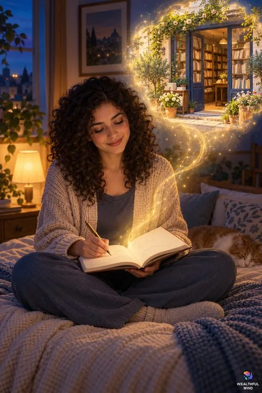 How to manifest: a young woman writing her wish in a notebook as a soft glow opens onto the life she pictures