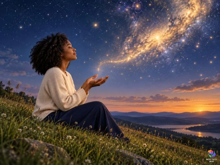 How to pray to the universe: a young woman on a hill at twilight with open hands, praying beneath a starry sky