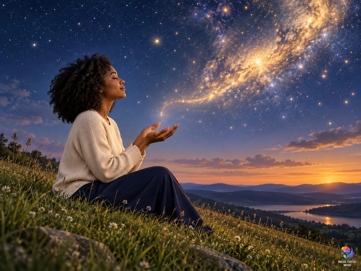How to pray to the universe: a young woman on a hill at twilight with open hands, praying beneath a starry sky