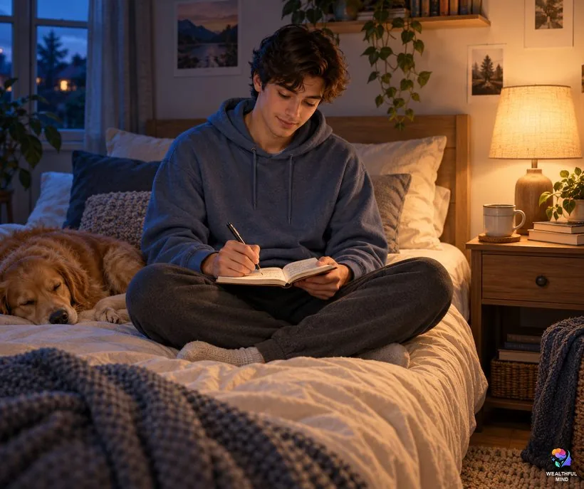 How to prepare for the Alice in Wonderland method: a young man writing a short script on his bed before sleep
