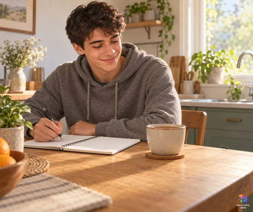 How to read a bug sign: a young man writing in a notebook as a single ant crosses the kitchen table