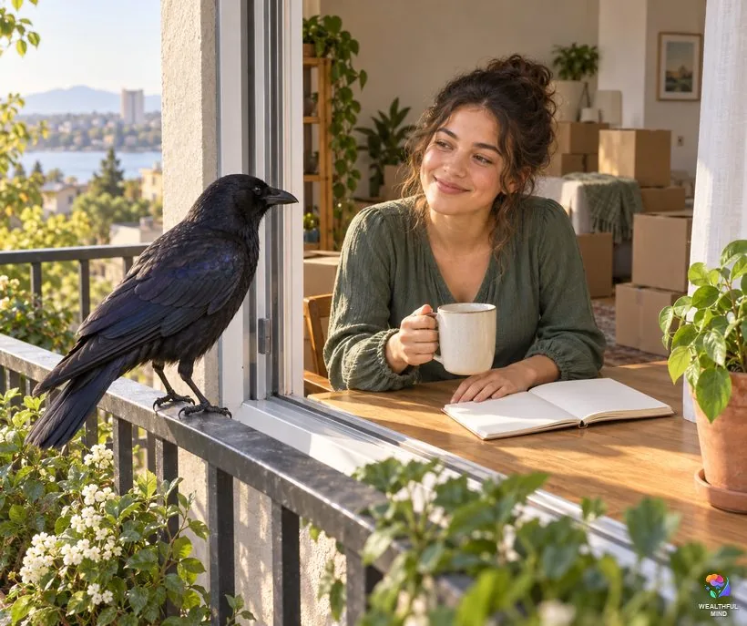 How to read a crow sign: a young woman with tea and a notebook smiling at a crow on her balcony railing