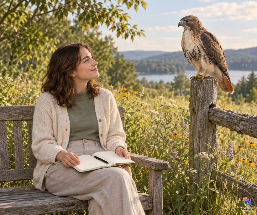How to read a hawk sign: a young woman with a blank notebook on a bench looking up at a red-tailed hawk