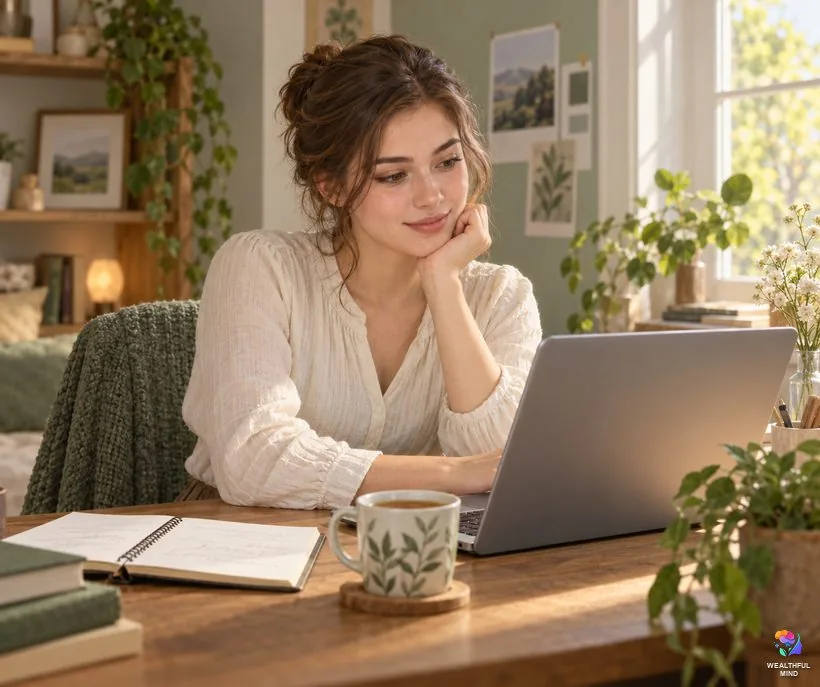 How to read a shifting story: a young woman thinking carefully about an account she is reading on her laptop