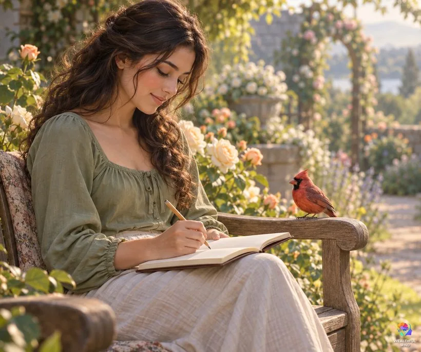 Reading a sign: writing in a journal as a cardinal visits the garden bench