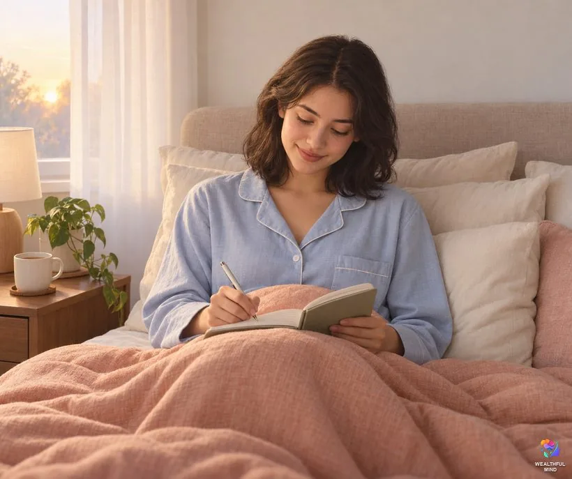 How to read your dream: a young woman writing her dream in a notebook in bed at dawn, tea on the nightstand