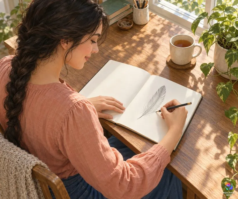 How to read your feather: a young woman sketching a feather in a notebook at a desk by a bright window