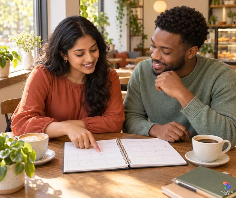 How to set realistic goals: two friends planning small weekly steps together in a paper planner
