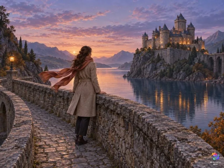 How to shift to Hogwarts: a young woman on a stone bridge at dusk looking at a castle with glowing windows across a lake