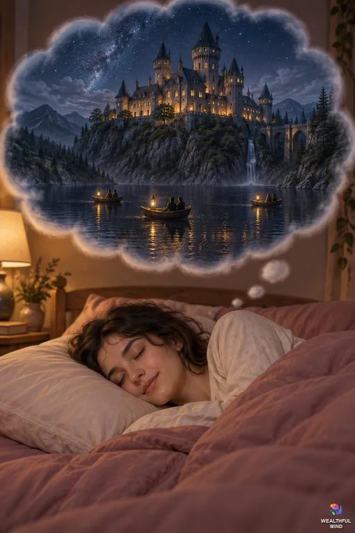 How to shift to Hogwarts: a young woman asleep while she dreams of a candlelit castle on a cliff above a lake