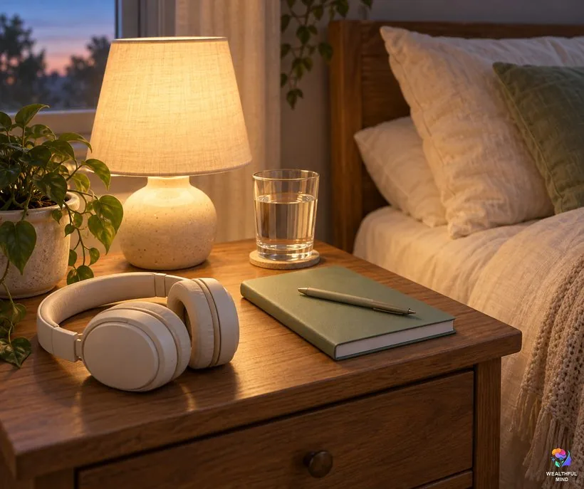 How to shift with the Gateway tapes: headphones, a closed notebook, a glass of water and a lamp on a bedside table