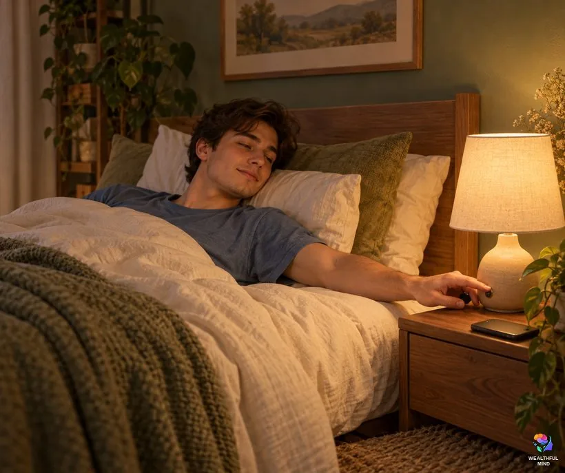 How to shift without a method: a young man switching off his bedside lamp at his usual bedtime, phone face down