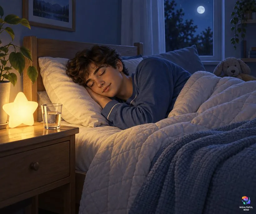 How to sleep shift safely: a young man sleeping peacefully on his side with a soft night light beside the bed