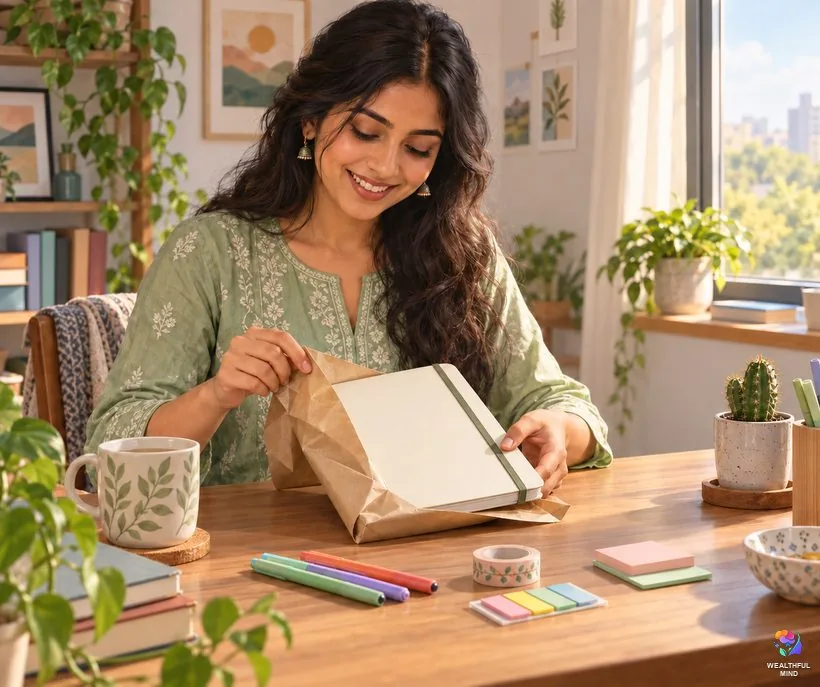 How to start a manifestation journal: a young woman setting up a new notebook with pens and tabs