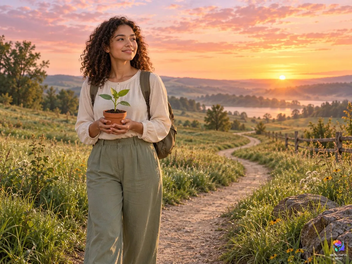 How to start over: a young woman holding a seedling at sunrise at the start of an open path