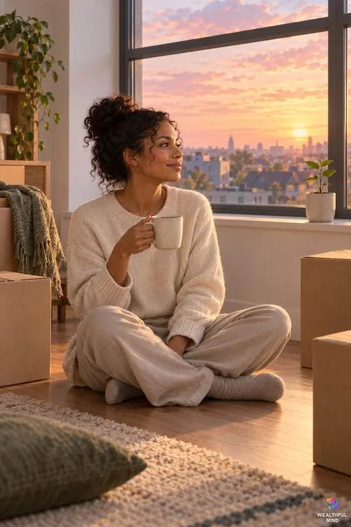 How to start over in life: a young woman with tea in a half unpacked apartment watching the sunrise