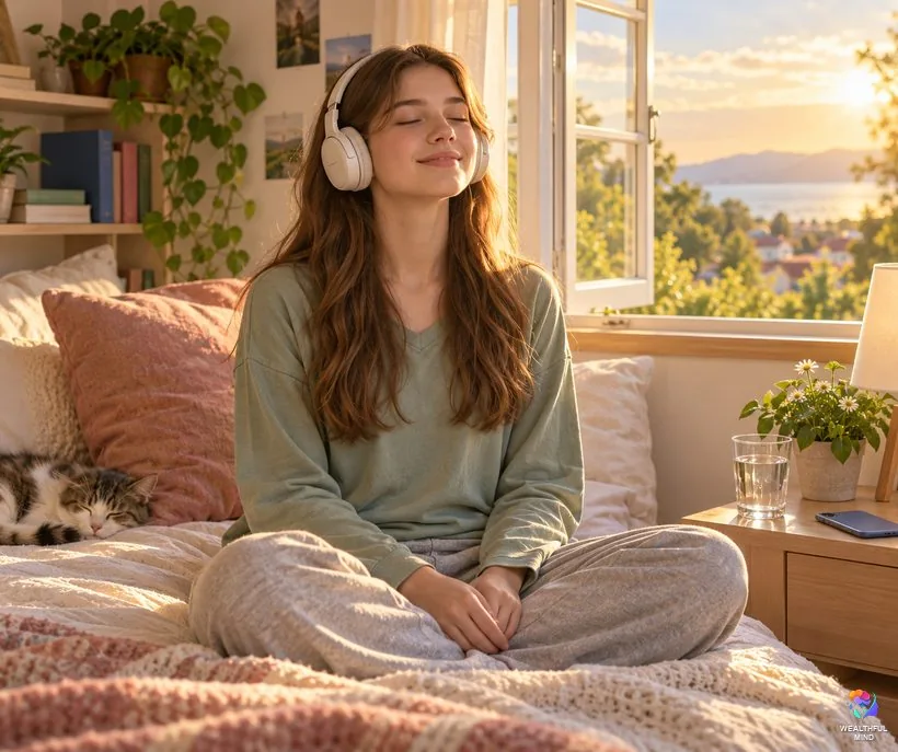 How to stay awake while shifting: a teenager sitting upright with a cushion behind her, headphones on, by an open sunny window