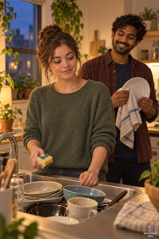 How to stop being selfish: a young woman at the kitchen sink noticing the shared dishes while her roommate helps