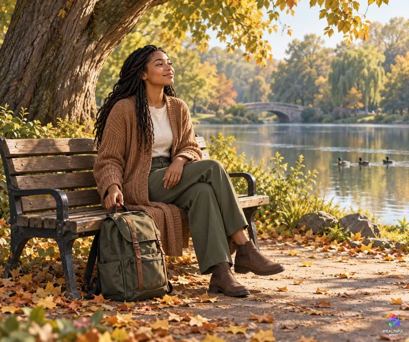 How to stop being strong all the time: a young woman setting down a heavy backpack and resting on a park bench in morning light