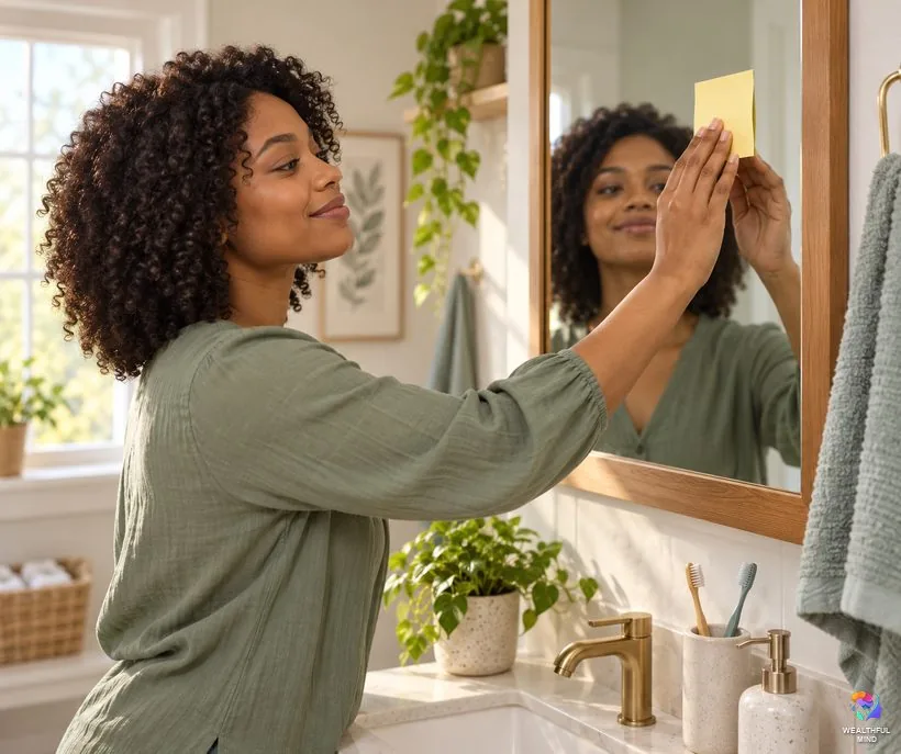 How to train yourself to be more mature: a young woman sticking her if-then plan note on her bathroom mirror