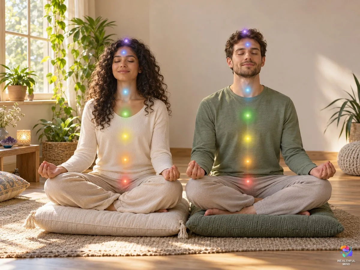 How to unblock chakras: two young people meditating side by side with the seven chakra colors glowing along their spines