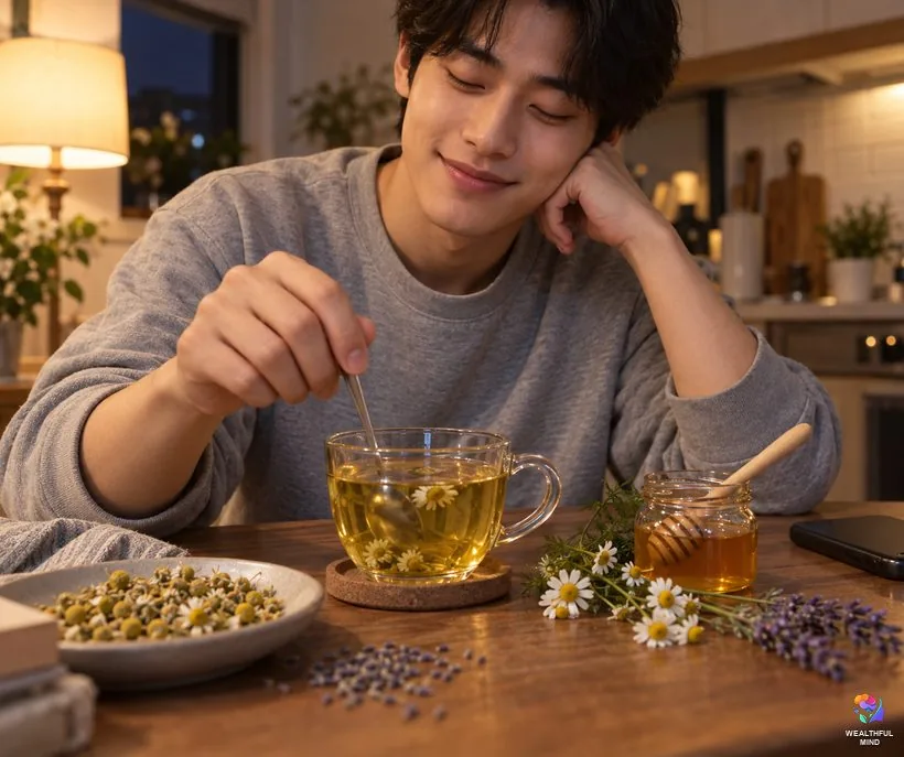 How to use chamomile in witchcraft: a young man stirring a cup of chamomile tea with honey and lavender as a simple tea spell