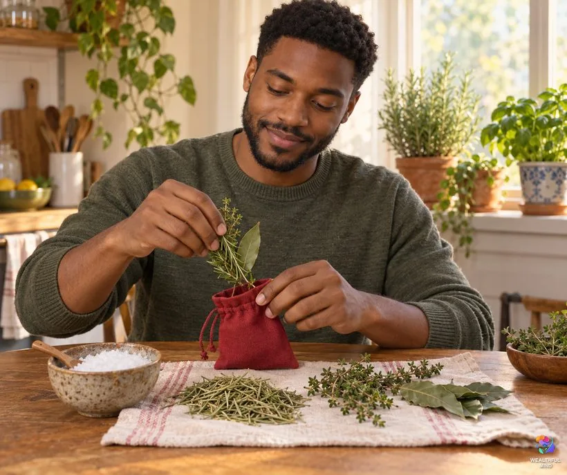 How to use herbs for protection: a young man filling a small red pouch with rosemary, thyme, a bay leaf and salt