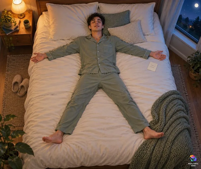 How to use shifting affirmations: a young man lying in the starfish position, whispering affirmations with a card beside him